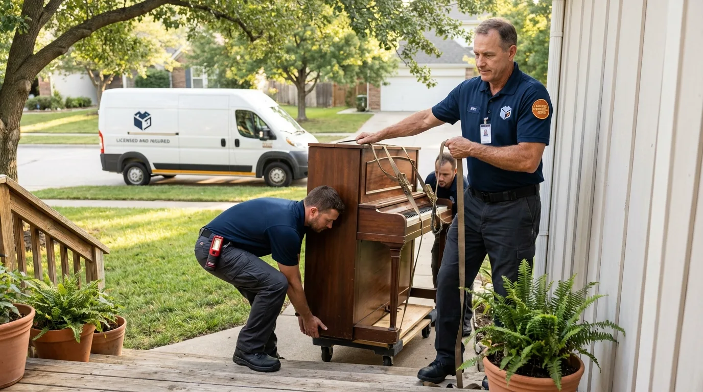 Licensed piano movers securing grand piano in Laguna Beach, CA
