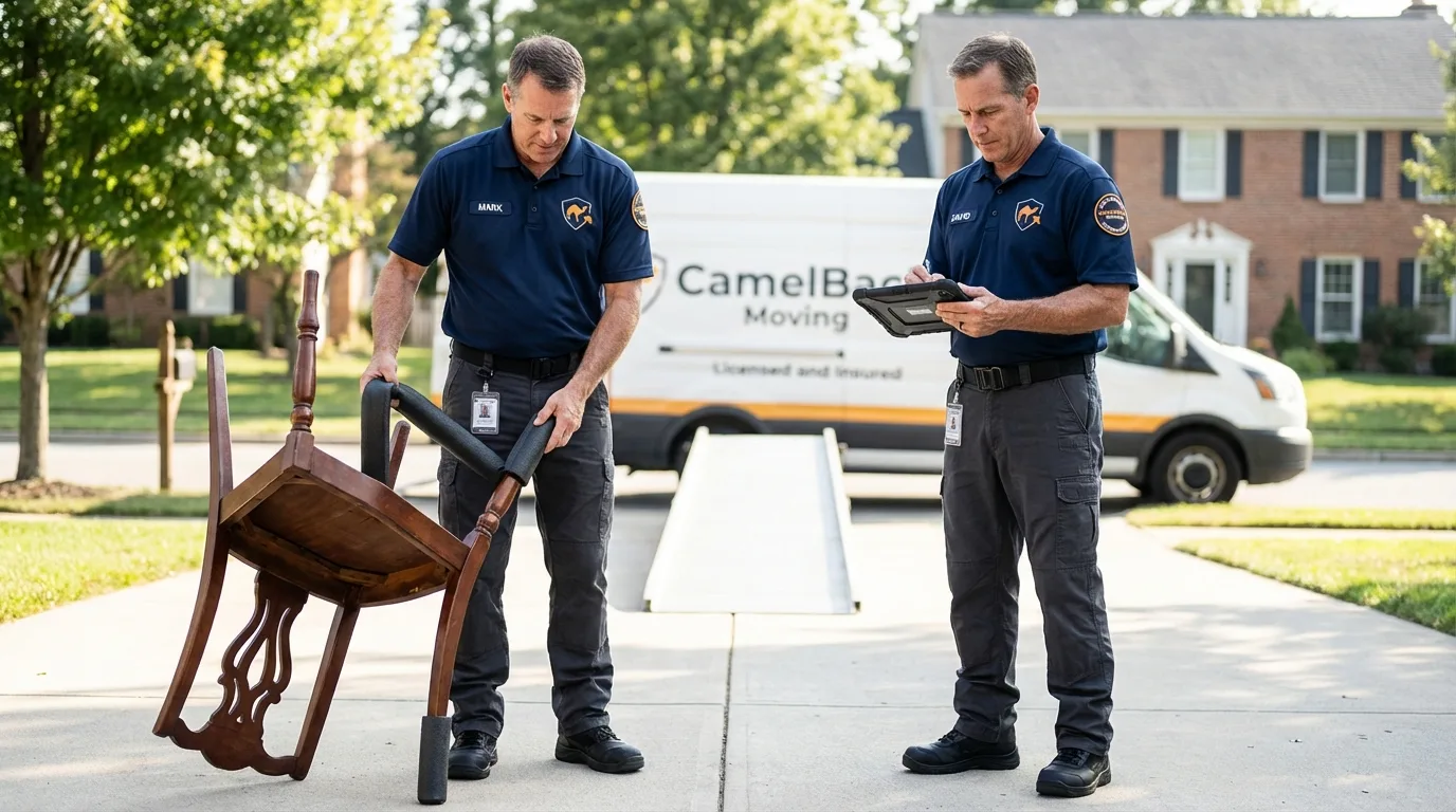 Movers inspecting furniture for damage prevention before loading in Laguna Beach, CA