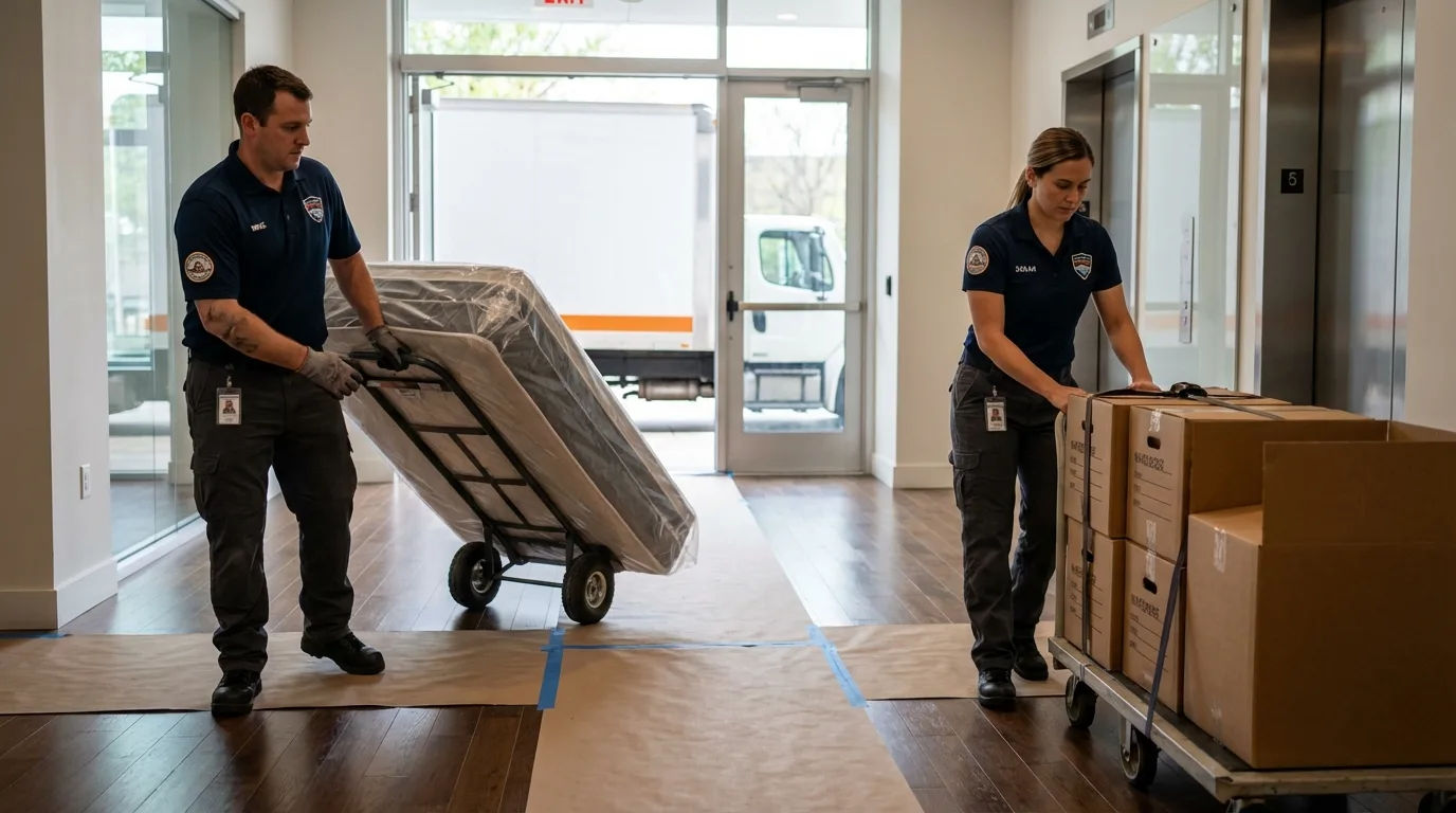 Professional apartment movers loading elevator in Laguna Beach, CA